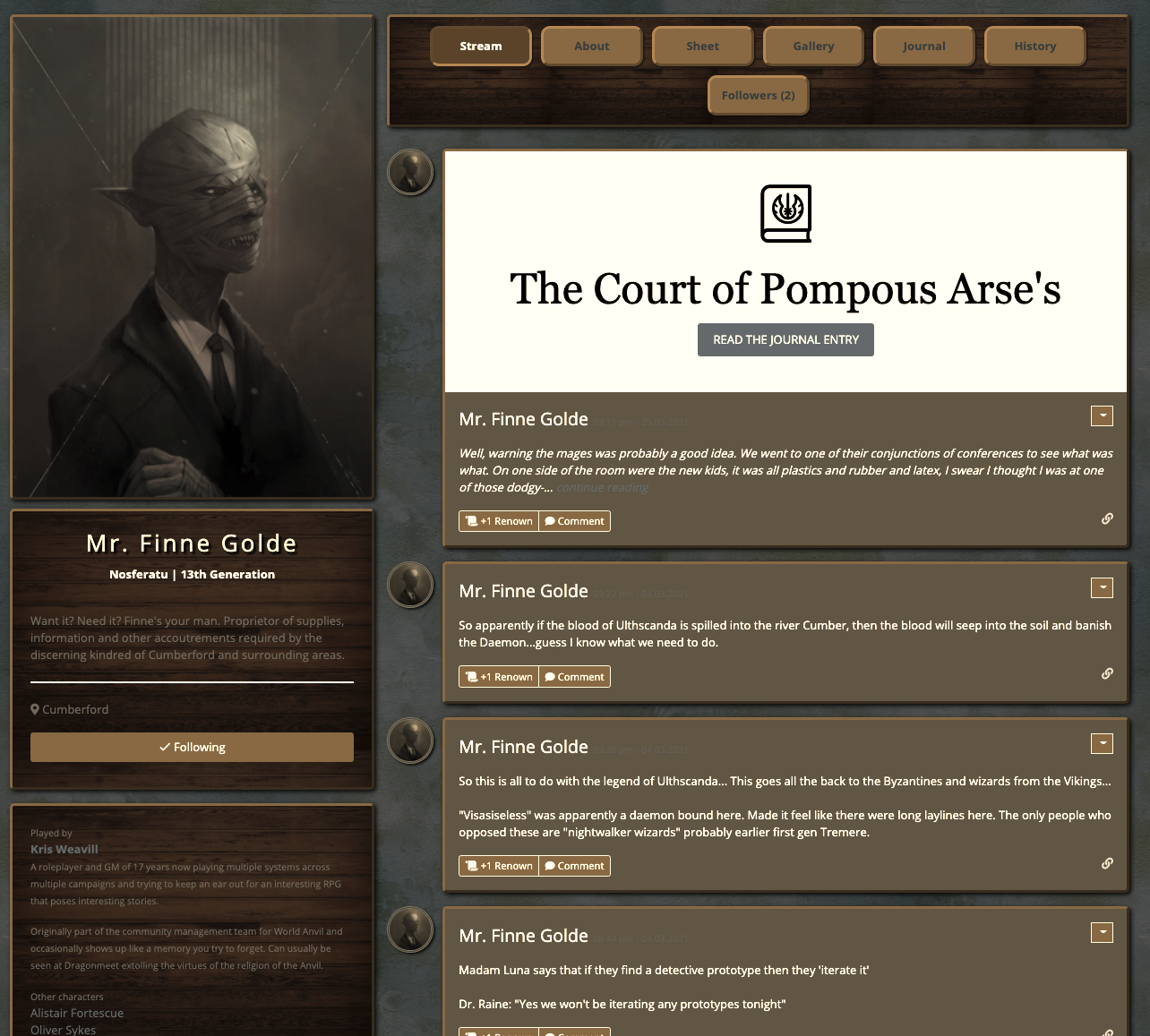 The World Anvil character creator for writers and DnD players contains a social media feed - here you can see quotes and memes as part of the building of character voice, developing a standard character template into a fully fleshed out character for a novel or game!